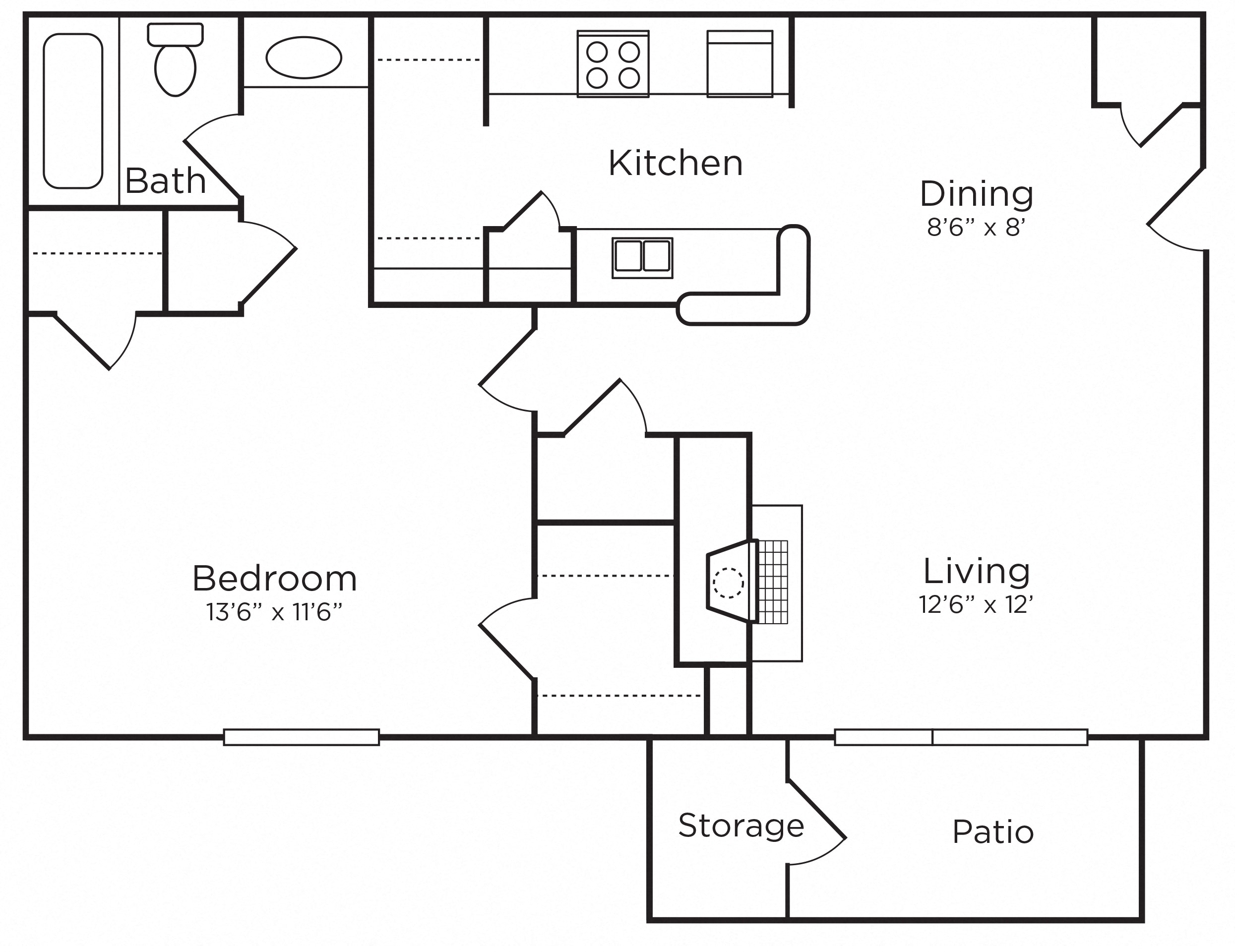 Floor plan for 1 bed, 1 bath, 721 sqft